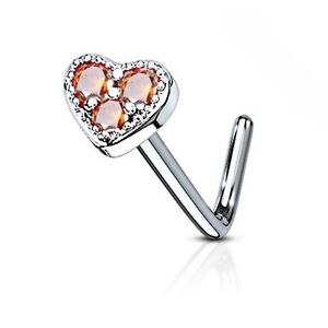 CZ PAVED HEART 20G NOSE RING STUD (L-SHAPE) STEEL BODY PIERCING JEWELRY
