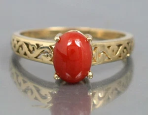 Natural Red Coral Ring 4.50 Carat  Anniversary Birthday Gift Gold Plated Silver - Picture 1 of 8