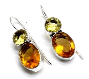 925 Sterling Silver Hessonite Garnet & Citrine Gemstone Jewelry Earring S-1.50" - Picture 1 of 2