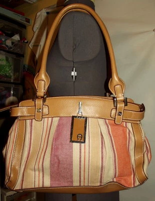 Bolsa satchel Etienne Aigner marrom outono tecido laranja bronzeado acabamento bolsa grande (H58) - Imagem 1 de 4