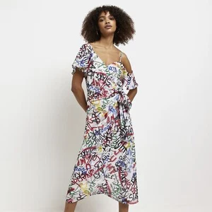 River Island Womens Wrap Midi Dress White Printed Short Sleeve Tie Waist - Picture 1 of 7