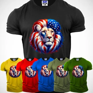 USA Flag Lion Face Men's T Shirts American Patriotic 4th Of July Gift Tee S-3XL - Picture 1 of 12