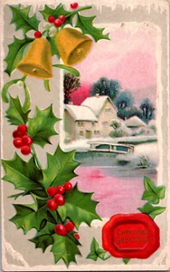 Vintage C 1915 Christmas Greetings Holy Gold Bells Snowy Bridge To Home Postcard - Picture 1 of 2