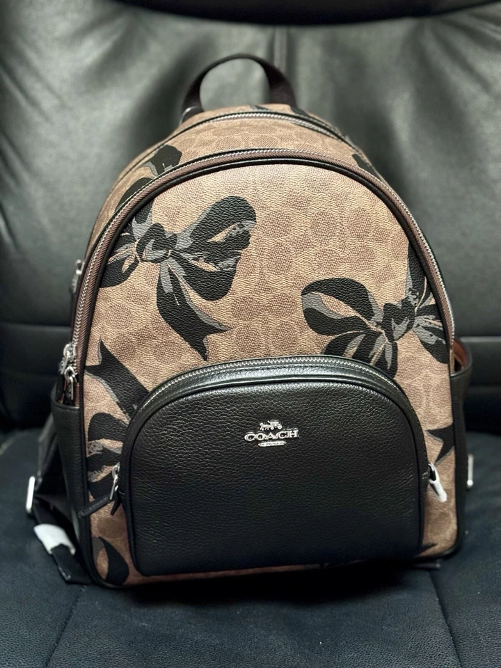 Coach Court Backpack In Signature Canvas With Bow Print CZ768 Tan/Black