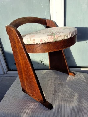 VINTAGE ANTIQUE ART DECO VANITY BENTWOOD OAK STOOL CHAIR with UPHOLSTERED SEAT - Image 1 of 4