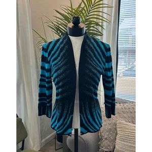 Vintage Ming Wang Women’s Turquoise Black Jacket Cardigan Small Shoulder Pads - Picture 1 of 6