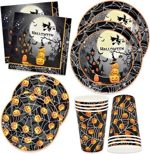 24Set Halloween Party Tableware Disposable Dinnerware Paper Plates Cups Napkins - Picture 1 of 7