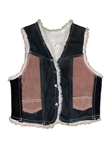 Boy's Vtg Brown Black Sherpa Lined Trucker Vest Made in Mexico Leather Sz 8 - Picture 1 of 6