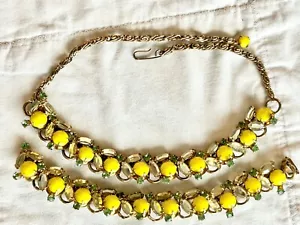 Juego de pulsera gargantilla de eslabones de vidrio brillante UV amarillo limón y verde vintage - Imagen 1 de 14