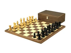 Walnut Chess Set 16 Inch With Flat Chess Board and Weighted Ebonised Classic Sta - Picture 1 of 10