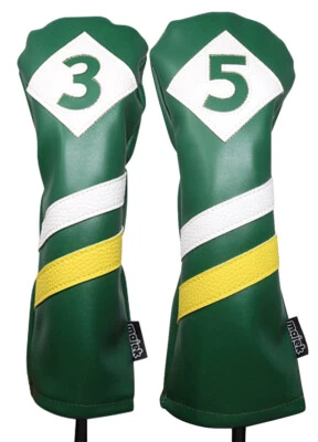 Majek Retro Golf #3 & 5 Fairway Wood Headcover Green White Yellow Leather Style - Image 1 of 4