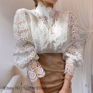 Chic Lady Lace Floral Hollow Out Shirt Blouse Tops Long Puff Sleeve Loose Button - Picture 1 of 23