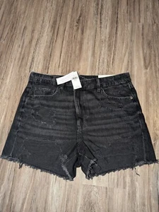 American Eagle Mom Shorts Size 12 Denim Distressed Black Jean High Rise Stretch - Picture 1 of 19