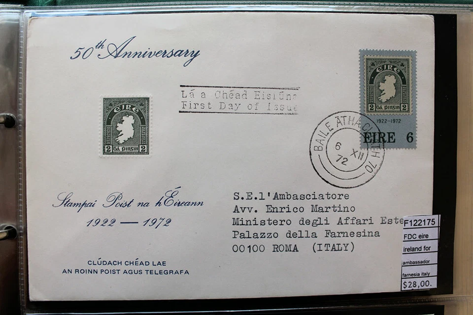 FDC EIRE IRELAND FOR AMBASSADOR FARNESINA ITALY (F122175) - Image 1 of 1
