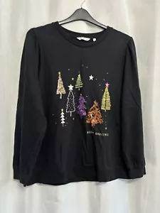 -241 Next Sz 22 Black Sweatshirt Style Festive Trees Xmas Jumper - Picture 1 of 3