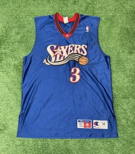 Vintage Champion Philadelphia 76ers Allen Iverson Jersey NBA AUTHENTIC BLUE Silk - Picture 1 of 6