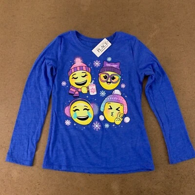 The Children's Place Girls Size Small Blue Long Sleeve Winter Emojis Graphic Tee - Image 1 of 4