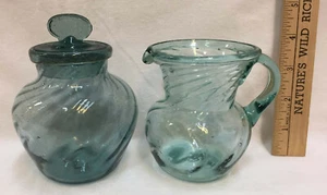Creamer & Sugar Bowl Handblown Glass Blue w/ Bubbles Lid Ribbed Pitcher & Jar - Picture 1 of 6