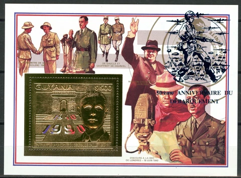 Guyana 1992 de Gaulle+Churchill+Overprint Block 169 A 3792 a Gold Perf Cover