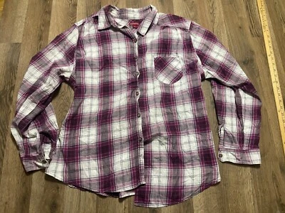 Camisa Merona, para mujer talla 3, púrpura blanco, cuadros, manga larga con botones Foto 1 de 4