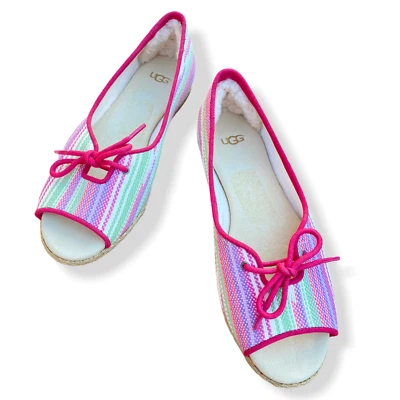  UGG Marleigh Serape розовый зеленый с открытым носком меха с подкладкой Espadrille плоский размер 6 EUC - Изображение 1 из 4