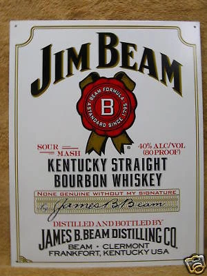 Letrero Jim Beam Etiqueta Blanca Kentucky Bourbon Whisky Bar Estaño Metal NUEVO Hecho en EE. UU. Foto 1 de 4