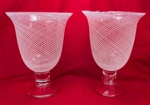 MCM Murano Style White Latticino Swirl Art Glass Vases Set of 2 9.5" Unsigned - Picture 1 of 24