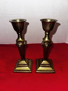 Vintage Heavy Pier One 2 Brass Candle Sticks Empire French Lion Head Column 8.5" - Picture 1 of 5