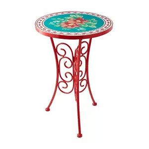 Round Floral Mosaic Side Table With Red Metal Frame & Decorative Legs - Picture 1 of 7