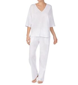 NWT! Donna Karan Sz S Supima Cotton Jersey V-Neck Embroidered Pajama Set White