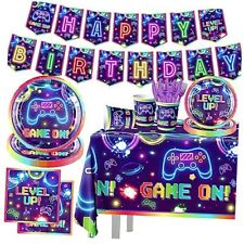 Party Decorations-142pcs Game On Tableware, Disposable Neon Game Video Game