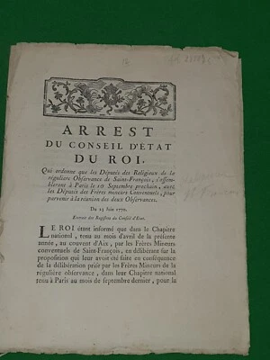 1770 ARREST DU CONSEIL D'ETAT DU ROI FRERES MINEURS DE ST FRANCOIS PARIS * - Image 1 of 4