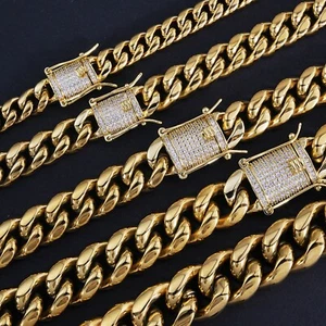 Brazalete de eslabones cubanos Miami de acero inoxidable con cierre de circonita cúbica de cadena chapada en oro de 14K 6-14 mm - Imagen 1 de 18