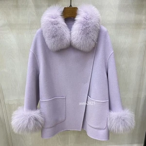 Cappotto donna lana vera pelliccia collo polsino tinta unita lusso pelliccia cappotto inverno caldo - Foto 1 di 43