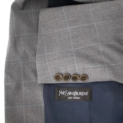 YSL Abrigo Deportivo Hombre 40L Tres Botones Ventana Cuadros Gris Azul Lana Virgen Foto 1 de 4