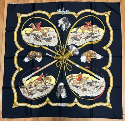 UNUSED! VTG HERMES LE LAISSER COURRE Carre 90 Silk Scarf Black Multi-color y5153 - Image 1 of 4