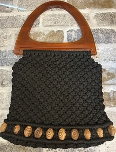 Vintage 70’ s Boho Black Macrame Wooden Beaded Lucite Handled Handbag Purse - Picture 1 of 8