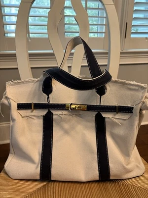 Boatkin Custom Cotton Canvas Tote Bag with Navy Straps and Gold Hardware NWOT - Image 1 of 4