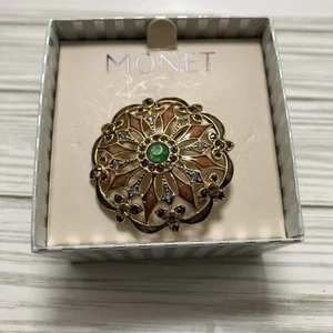 Vintage signierte Monet Emaille Strass goldfarben orange grün Brosche Anstecknadel - Bild 1 von 2
