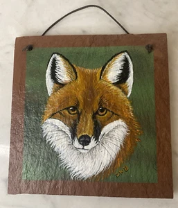 Hand Painted Fox Head On 5.5" Square Slate Tile - Artist D W Brickus - Picture 1 of 7