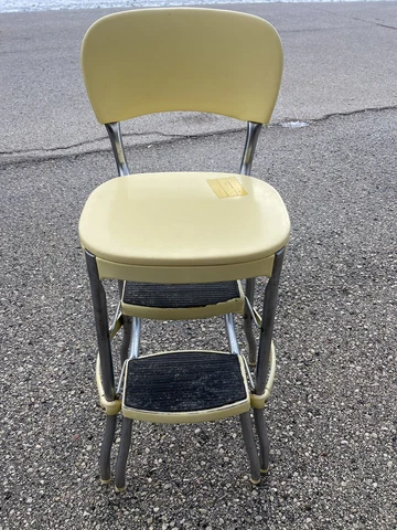 Vintage Cosco Yellow Step Stool Chair w/Pull Out Steps & Chrome Legs 1950s Cover