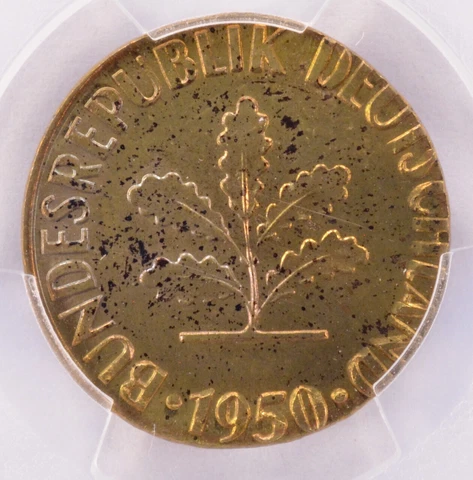 PCGS Germany 1950-F 10 Pfennig Struck on 5 Pfennig Planchet MS65 Ex-Fred Weinber Cover