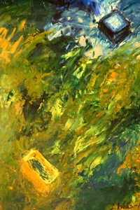 ABSTRACT PAINTING TITLED "ILLUSION" IRENE WELLS-PESTELL MID-CENTURY OIL ON BOARD - Picture 1 of 10