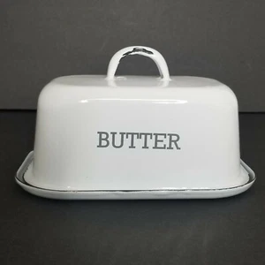 Neu Landküche Vintage-Stil weiß emailliert bedeckt Butterschale mit Deckel - Bild 1 von 12