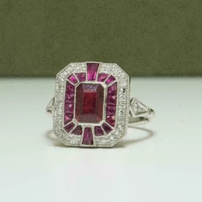 2.1Ct Emerald Cut Lab-Created Ruby Women's Engagement Ring 14K White Gold Plated - Image 1 of 4