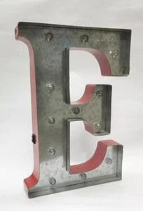 Marquee Sign Vintage Letter E With Soft Glow Bulbs, AA Battery, Red/Silver Metal - Picture 1 of 2