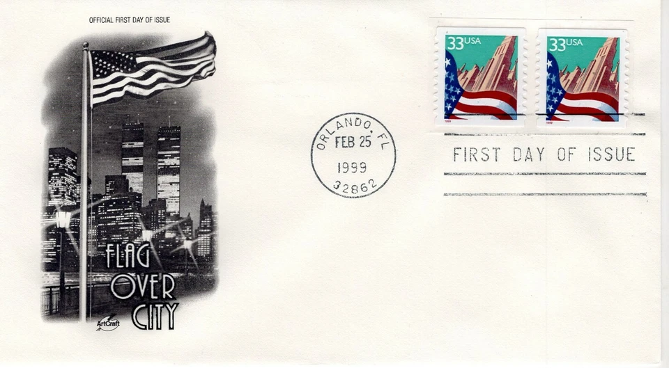 USPS FDC #3282 1999 33c Flag Over City Self Adhesive Coil Pair Artcraft ST2066 - Image 1 of 1