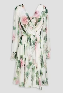 LUXURY DOLCE & GABBANA SILK CHIFFON TROPICAL PINK ROSE DRESS FLORAL 44 UK12 L - Picture 1 of 7