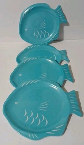 Citrus Grove Fish MELAMINE Plates  SEASCAPE BEACH Baby Blue White Set Of 4 - Picture 1 of 17