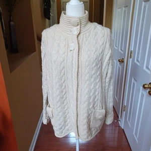 Vtg Aran Crafts Cardigan Sweater Womens Large Ivory Merino Wool Cable One Button - Picture 1 of 17